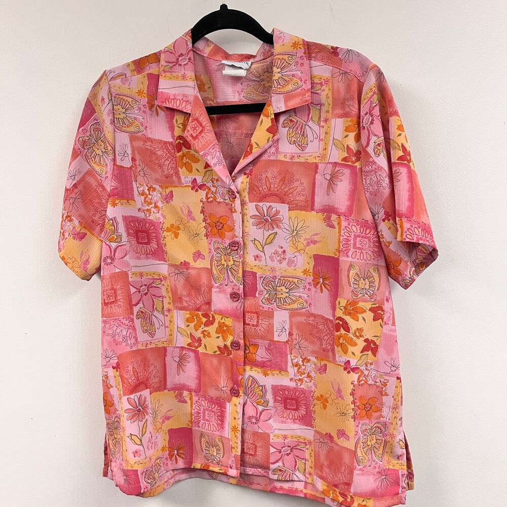 Women's Vintage pink orange yellow butterfly floral MP short sleeve button down